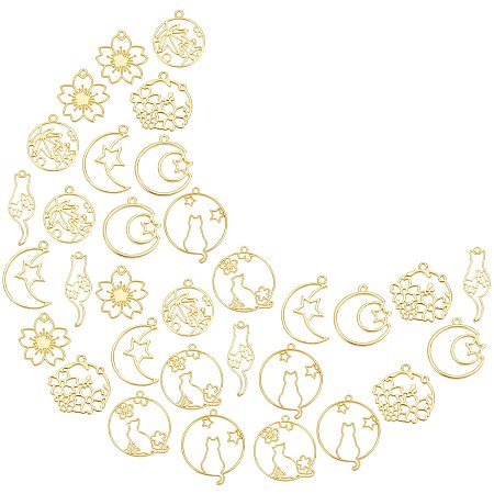 SUNNYCLUE 1 Box 32Pcs 8 Styles Alloy Open Back Bezel Pendants Moon Star Flat Round with Cat Flower Hollow Frame Charms for UV Resin Crafts Jewelry Making