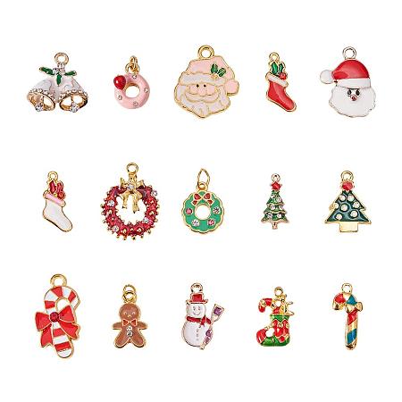 PandaHall Elite 30pcs 15 Styles Gold Alloy Enamel Christmas Theme Pendants Charms Finding Beads Charms for Jewelry Making Craft (Donut, Wreath, Gingerbread Man, Crutch, Santa Claus, Snowman, Bell)