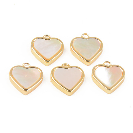 ARRICRAFT Natural White Shell Mother of Pearl Shell Charms, with Golden Brass Findings, Heart, Seashell Color, 12x10x2.5mm, Hole: 1.2mm