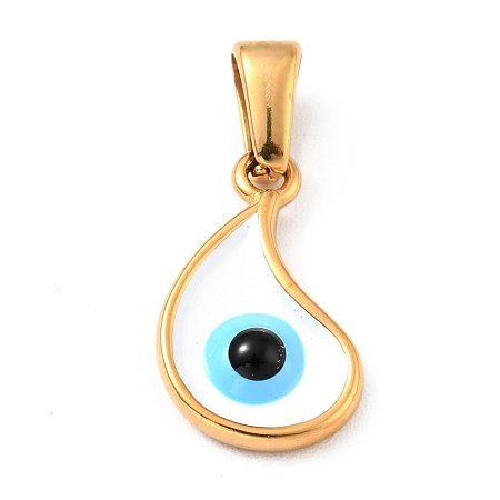 Honeyhandy Vacuum Plating 304 Stainless Steel Pendants, with Enamel, Teardrop with Evil Eye, Golden, 15.5x9x2.5mm, Hole: 4.5x2.5mm
