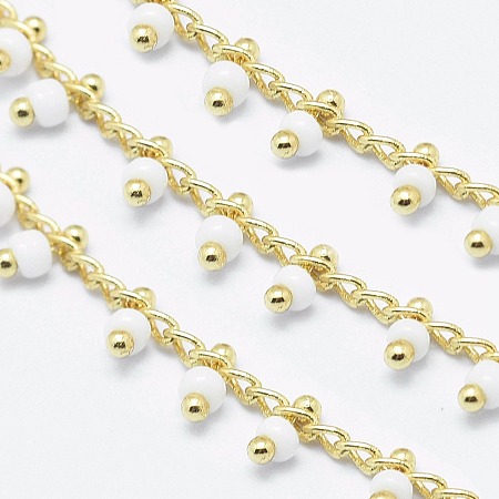 ARRICRAFT 3.28 Feet Handmade Glass Beaded Chains, Soldered, Brass Chain, Real 18K Gold Plated, Long-Lasting Plated, White, 6x2mm, Chain: about 2mm wide