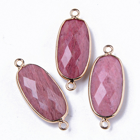 Honeyhandy Natural Rhodochrosite Links Connectors, with Light Gold Plated Edge Brass Loops, Oval, Faceted, 27x11x5.5mm, Hole: 2mm