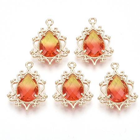 Honeyhandy Golden Tone Brass Pendants, with Faceted Glass, Teardrop, Orange Red, 25.5x19x6mm, Hole: 1.6mm