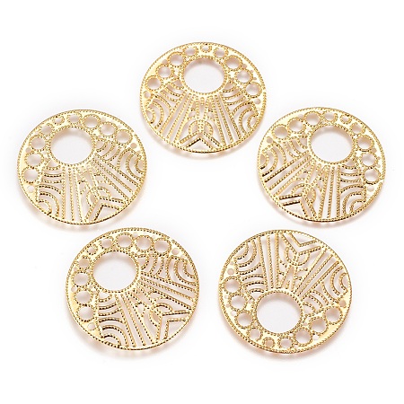 Iron Links, Etched Metal Embellishments, Flat Round, Golden, 36x0.4mm, Hole: 0.8~12mm