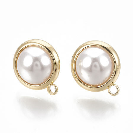Honeyhandy Brass Stud Earring Findings, with Loop and ABS Plastic Imitation Pearl Beads, Dome/Half Round, Real 18K Gold Plated, 15.5x13mm, Hole: 1.8mm, Pin: 1mm