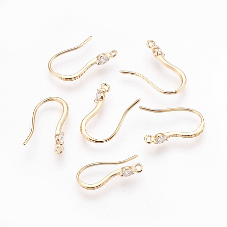Honeyhandy Brass Cubic Zirconia Earring Hooks, with Horizontal Loop, Nickel Free, Real 18K Gold Plated, 16x11x1.5mm, Hole: 1mm, Pin: 0.8mm