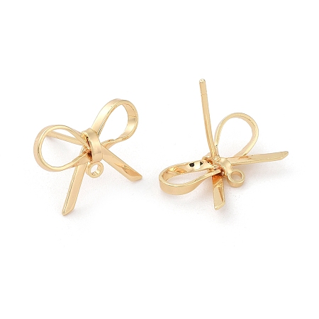 Honeyhandy Brass Stud Earring Findings, Bowknot, Real 18K Gold Plated, 8~10x15mm, Hole: 1mm, Pin: 0.7mm