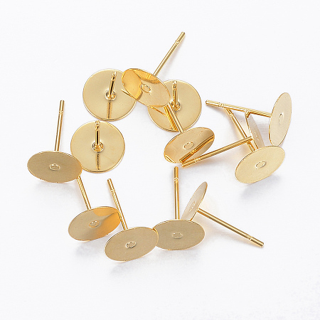 Honeyhandy 304 Stainless Steel Stud Earring Findings, Flat Round, Real 24K Gold Plated, 12x8x0.3mm, Pin: 0.8mm