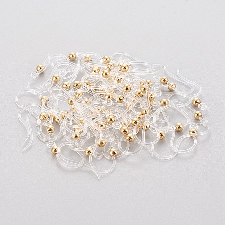 Honeyhandy Eco-Friendly Plastic Earring Hooks, with 304 Stainless Steel Beads and Horizontal Loop, Round, Golden, 15.5x8x0.7mm, Hole: 1.2mm, Pin: 0.5mm