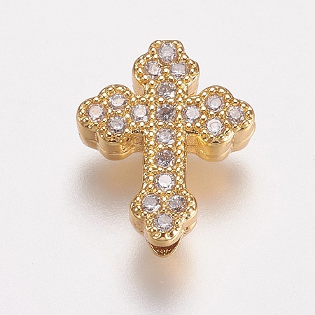 Honeyhandy Brass Micro Pave Cubic Zirconia Beads, Cross, Clear, Golden, 15x12x4.5mm, Hole: 2mm