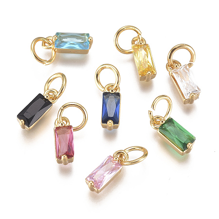 Honeyhandy Brass Micro Pave Cubic Zirconia Charms, Birthstone Charms, Long-Lasting Plated, with Jump Ring, Real 18K Gold Plated, Rectangle, Mixed Color, 10x3x3mm, Hole: 3mm