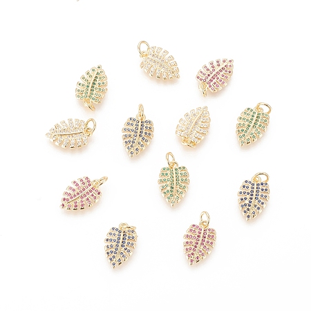 Honeyhandy Brass Micro Pave Cubic Zirconia Pendants, Tropical Leaf Charms, with Jump Ring, Long-Lasting Plated, Real 18K Gold Plated, Monstera Leaf, Mixed Color, 15x10x2.5mm, Hole: 3mm