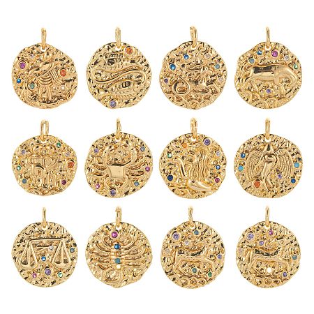 Arricraft 12Pcs/Box 12 Style Brass Micro Pave Cubic Zirconia Pendants, with Jump Rings, Flat Round with Constellation, 12 Constellations, 14~15x2mm, Hole: 3mm