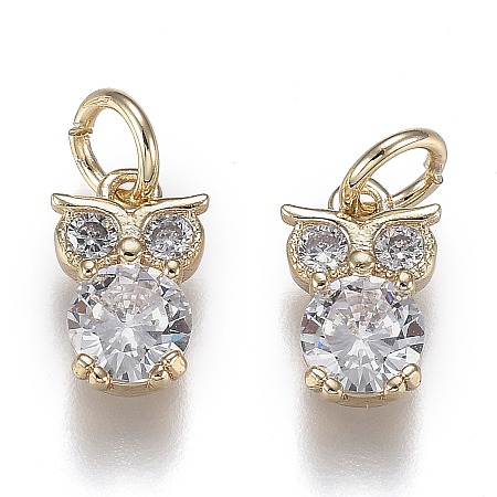 Honeyhandy Brass Micro Pave Clear Cubic Zirconia Pendants, Long-Lasting Plated, with Jump Rings, Owl Shape, Real 18K Gold Plated, 12x8x3.5mm, jump ring: 6x1mm, inner diameter: 4mm.