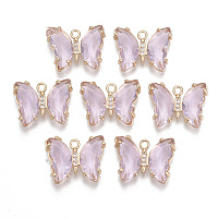 Honeyhandy Glass Pendants, with Micro Pave Cubic Zirconia and Brass Open Back Settings, Faceted, Butterfly, Light Gold, Pink, 15.5x20x4mm, Hole: 1.8mm