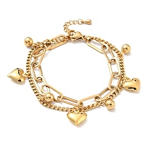 Honeyhandy Heart and Round Ball Charm Multi-strand Bracelet, PVD Vacuum Plating 304 Stainless Steel Double Layered Chains Bracelet for Women, Golden, 7-1/2 inch(19cm)