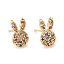 Honeyhandy Cubic Zirconia Rabbit Stud Earrings, Real 18K Gold Plated Brass Jewelry for Women, Lead Free & Cadmium Free, Colorful, 12x7mm, Pin: 0.9mm