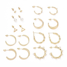 ARRICRAFT Ring & Triangle & Round Stud Earrings, Resin Pearl Beads Half Hoop Earrings, Open Hoop Earrings for Women, Golden, 6~36x3~12mm, Pin: 0.8~0.9mm, 9 pairs/set