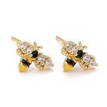 Honeyhandy Clear Cubic Zirconia Bee Stud Earrings with Enamel, Real 18K Gold Plated Brass Jewelry for Women, Cadmium Free & Lead Free, Real 18K Gold Plated, 8.5x12mm, Pin: 0.7mm