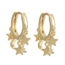 Honeyhandy Brass Huggie Hoop Earrings, Long-Lasting Plated, Star and Moon, Real 18K Gold Plated, 18.5mm, Pin: 0.9mm