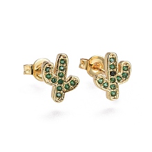 Honeyhandy Brass Micro Pave Cubic Zirconia Stud Earrings, Cactus, Golden, Green, 9x7.5x1.7mm, Pin: 0.7mm