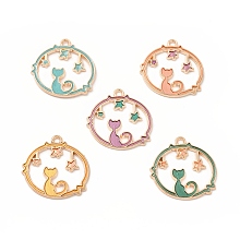 Alloy Enamel Pendants, Flat Round with Cat & Star Charm, Golden, Mixed Color, 23.5x23.5x1.5mm, Hole: 1.5mm