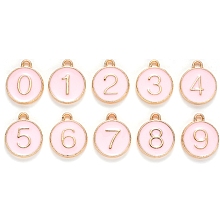 Honeyhandy Light Gold Plated Alloy Enamel Charms, Enamelled Sequins, Flat Round with Number, Number 0~9, Pink, 14.5x12x2.5mm, Hole: 1.4mm, 10pcs/set