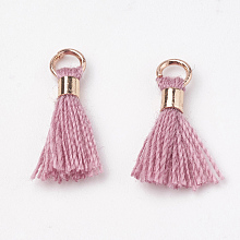 Honeyhandy Polycotton(Polyester Cotton) Tassel Pendant Decorations, Mini Tassel, with Brass Findings, Light Gold, Old Rose, 10~15x3~4mm, Hole: 2mm