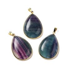 Honeyhandy Natural Fluorite Pendants, Teardrop Charms, with Brass Findings, Lead Free & Cadmium Free, Golden, 40x26x8.5mm, Hole: 6mm