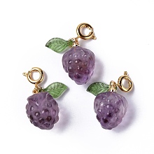 Honeyhandy Natural Amethyst Grape Spring Ring Clasp Charms, Rack Plating Brass Spring Ring Clasps, Golden, 24mm, Grape: 16.5x12mm, Leaf: 10x5x2mm