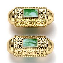 Honeyhandy Brass Enamel Beads, Long-Lasting Plated, Real 18K Gold Plated, Oval & Word Courage & Rectangle, Green, 20.5x9.5x9mm, Hole: 2mm