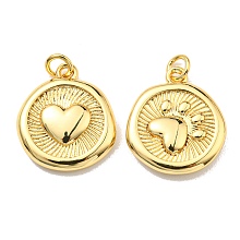 Honeyhandy Rack Plating Brass Pendants, with Jump Ring, Lead Free & Cadmium Free, Long-Lasting Plated, Flat Round with Heart & Paw Print Charm, Real 18K Gold Plated, 15.5x13.5x3mm, Hole: 2.6mm