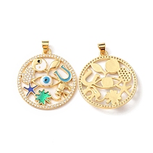 Honeyhandy Rack Plating Brass Micro Pave Cubic Zirconia Pendants, with Enamel, Long-Lasting Plated, Cadmium Free & Lead Free, Flat Round with Evil Eye, Real 18K Gold Plated, 30x27x3mm, Hole: 4.3x3.5mm