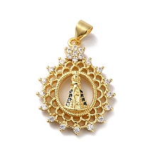 Honeyhandy Rack Plating Brass Micro Pave Clear Cubic Zirconia Pendants, Long-Lasting Plated, Lead Free & Cadmium Free, Flower with Saint Charm, Real 18K Gold Plated, 26.5x20x4mm, Hole: 5x3.5mm