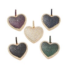 Heart Brass Micro Pave Cubic Zirconia Pendants, Cadmium Free & Nickel Free & Lead Free, Real 18K Gold Plated, Mixed Color, 31mm, Hole: 3x6mm