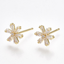 Honeyhandy Brass Cubic Zirconia Stud Earrings, Flower, Clear, Real 18K Gold Plated, 9x8mm, Pin: 0.7mm