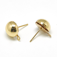 Honeyhandy Brass Stud Earring Findings, with Loop, Half Round, Real 18K Gold Plated, 13x10mm, Hole: 1mm, Pin: 0.8mm