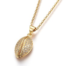 Honeyhandy 304 Stainless Steel Pendant Necklaces, with Cubic Zirconia, Shell, Clear, Golden, 17.6 inch(45cm), Pendant: 18.5x10x5mm