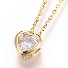 Honeyhandy 304 Stainless Steel Pendant Necklaces, with Brass Cubic Zirconia Pendant, Heart, Clear, Golden, 17.6 inch(45cm), Pendant: 7x7x4mm