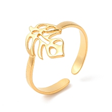 Honeyhandy Ion Plating(IP) 304 Stainless Steel Cuff Rings, Monstera Leaf Open Finger Rings for Women Men, Real 18K Gold Plated, 2.5~14mm, Inner Diameter: US Size 7 1/4(17.6mm)