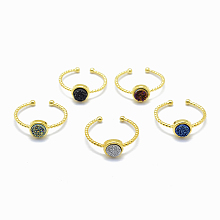 Honeyhandy Electroplate Natural Druzy Agate Cuff Finger Rings, with Brass Findings, Golden, 19mm, 1.5~2.5mm