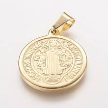 Honeyhandy Ion Plating(IP) 304 Stainless Steel Pendants, Flat Round with Saint Benedict Medal, Golden, 29x25x2.5mm, Hole: 4.5x7.5mm