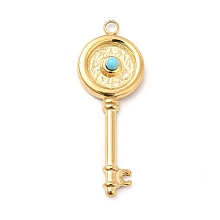 Honeyhandy Synthetic Turquoise Pendants, Key Charms, Ion Plating(IP) 304 Stainless Steel Findings, Golden, 26.5x10x3mm, Hole: 1.4mm