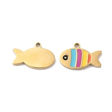 Honeyhandy Ion Plating(IP) 316L Surgical Stainless Steel Pendants, with Enamel, Fish Charm, Real 18K Gold Plated, 15.6x8x1.3mm, Hole: 1.2mm