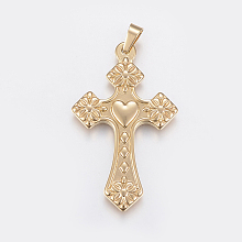 Honeyhandy Ion Plating(IP) 304 Stainless Steel Big Pendants, Cross with Heart, Golden, 50x30x3mm, Hole: 4x7mm