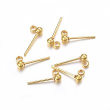 Honeyhandy 304 Stainless Steel Ball Stud Earring Findings, with Loop, Round, Real 24k Gold Plated, 14x5x3mm, Hole: 1.5mm, Pin: 0.8mm