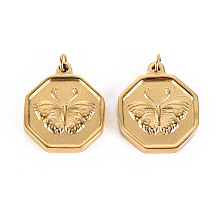 Honeyhandy 316 Surgical Stainless Steel Pendants, with Jump Rings, Hexagon with Butterfly, Real 14K Gold Plated, 18x15x2.5mm, Jump Ring: 3.8x0.5mm, 2.8mm inner diameter