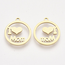 Honeyhandy Mother's Day Theme, 201 Stainless Steel Pendants, Laser Cut Pendants, Flat Round with Word I Love Mom, Golden, 17.5x15.5x1mm, Hole: 1.4mm