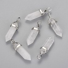 Honeyhandy Natural Quartz Crystal Double Terminated Pointed Pendants, with Random Alloy Pendant Hexagon Bead Cap Bails, Bullet, Platinum, 36~45x12mm, Hole: 3x5mm, Gemstone: 10mm in diameter