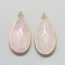 Honeyhandy Natural Rose Quartz Pendants, with Golden Tone Brass Findings, Faceted, Teardrop, Pink, 32.5~33x16x6mm, Hole: 2.5mm